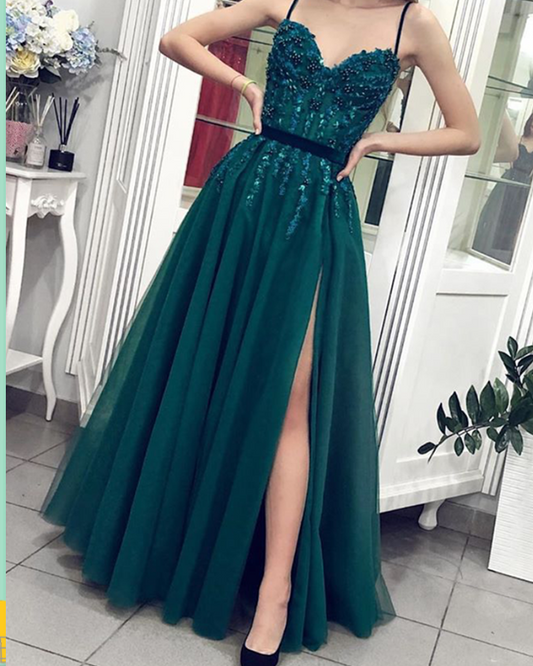 Tulle Split Prom Dresses Sweetheart Spaghetti Straps Lace Beaded