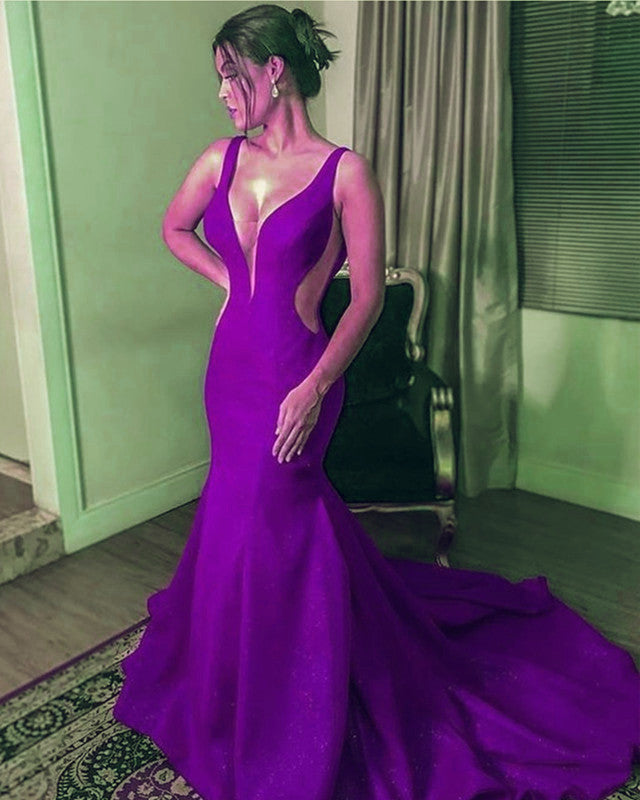 Simple Prom Dresses Mermaid Satin Plunge Neck