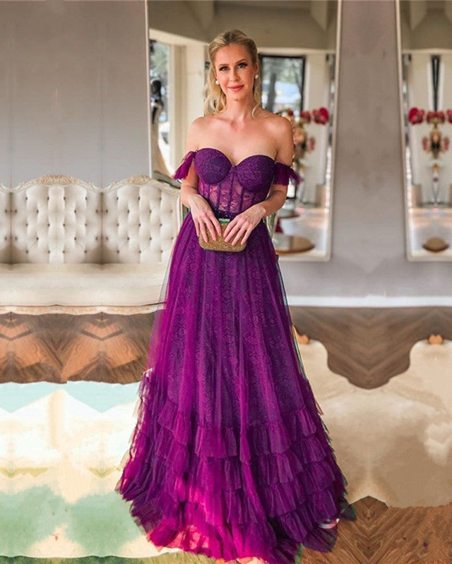 Lace Corset Prom Dresses Off The Shoulder Ruffles