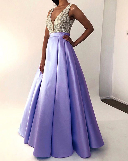 Ball Gown V Neck Satin Prom Dresses Beaded