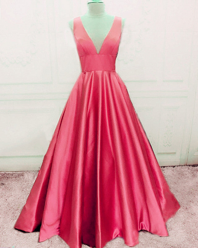 Simple Prom Satin V Neck Dresses Ball Gown
