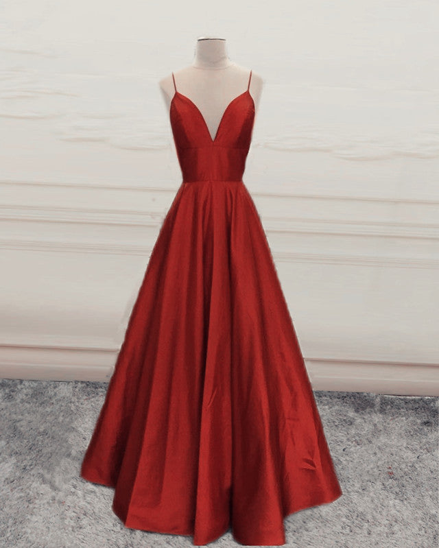 Simple Satin Prom Long Dresses Spaghetti Straps Plunge Neck