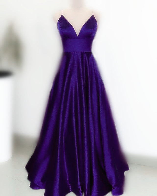 Long Satin Prom Dresses Empire Waist Spaghetti Straps