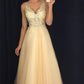 Elegant Lace V Neck Tulle Prom Dresses Long