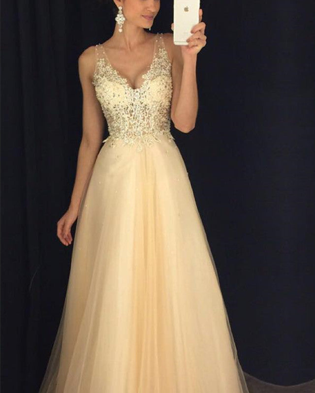 Elegant Lace V Neck Tulle Prom Dresses Long