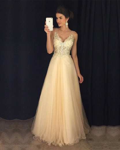 Elegant Lace V Neck Tulle Prom Dresses Long