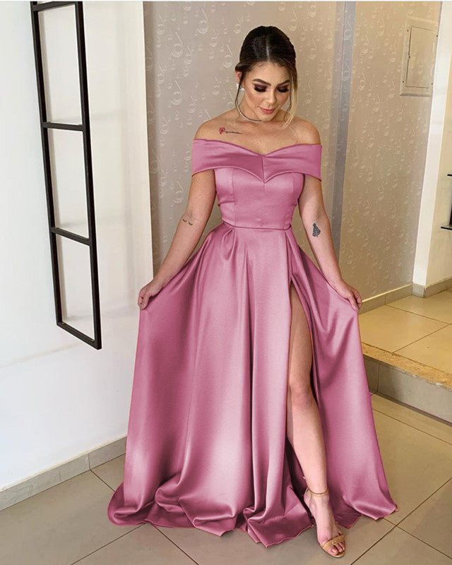 Long Sexy Prom Gowns Split Satin Off The Shoulder