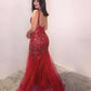 Mermaid Crystal Prom Dresses V Neck Open Back