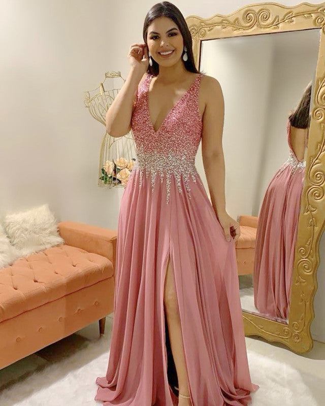 Ombre Sequins Beaded Prom Dresses Long Chiffon Split