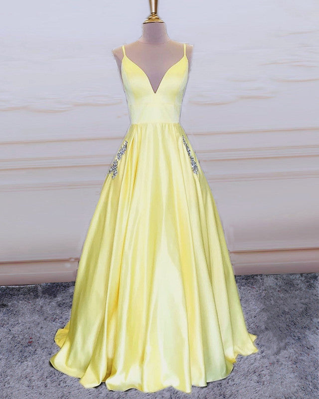 Ball Gown Prom Dresses Satin Straps With Pockets