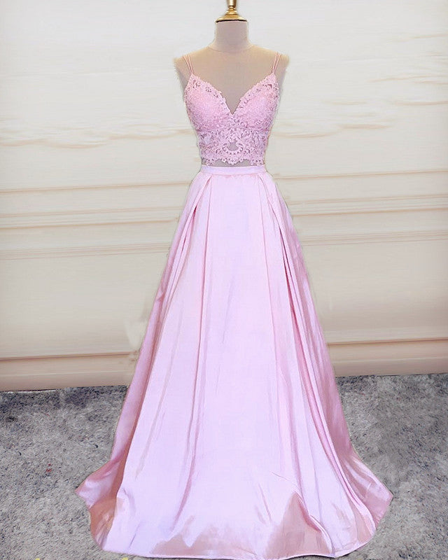 2 Piece Prom Satin Dresses Crop Top Lace