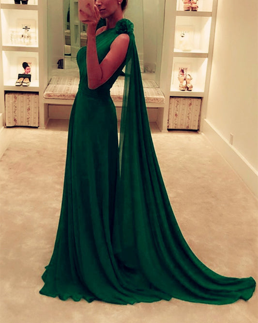 Long Chiffon One Shoulder Prom Dresses Elegant