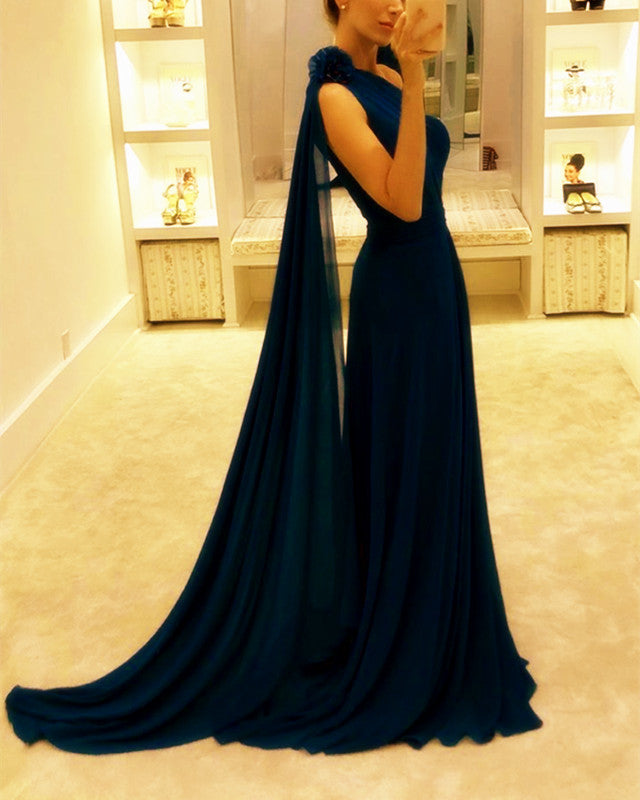 Long Chiffon One Shoulder Prom Dresses Elegant