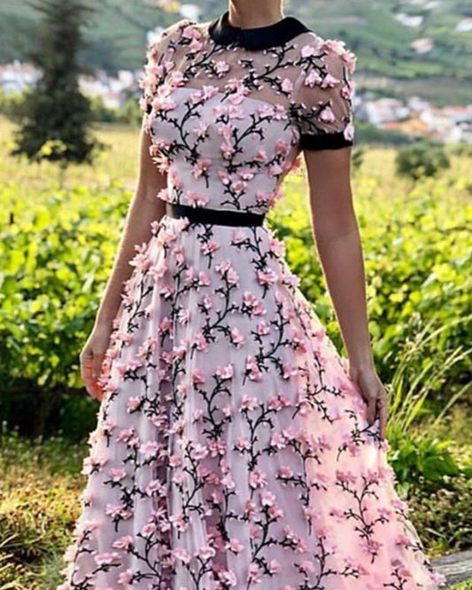 Elegant Lace Embroidery Prom Dresses Cap Sleeves