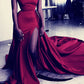 Mermaid V Neck Prom Dresses Satin Split Off The Shoulder