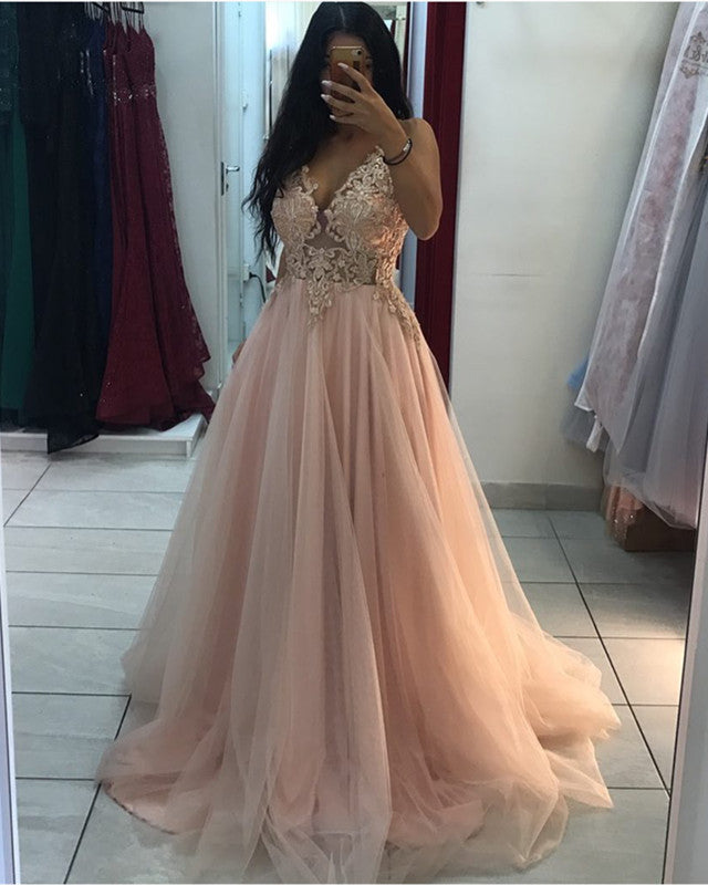 A Line Prom Dresses Lace Embroidery V Neck