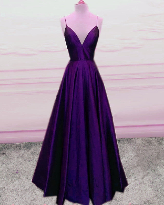 Sexy Long Satin Prom Dresses Plunge Neck