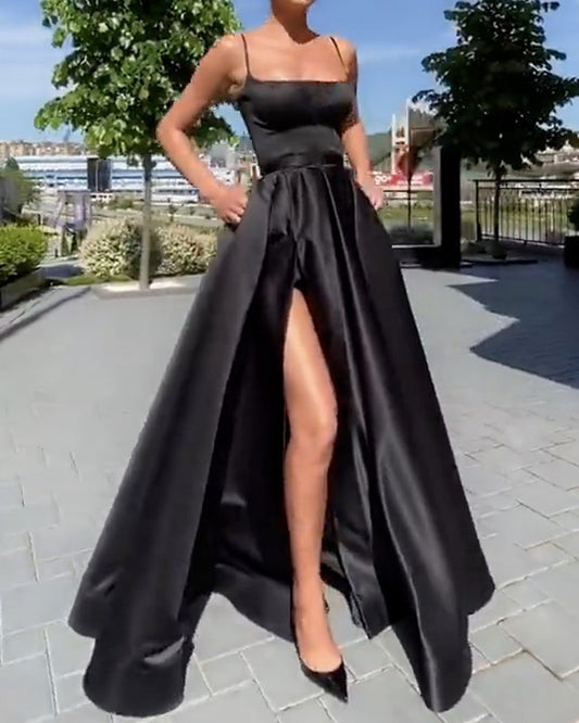 Sexy Long Satin Split Prom Dresses With Pockets