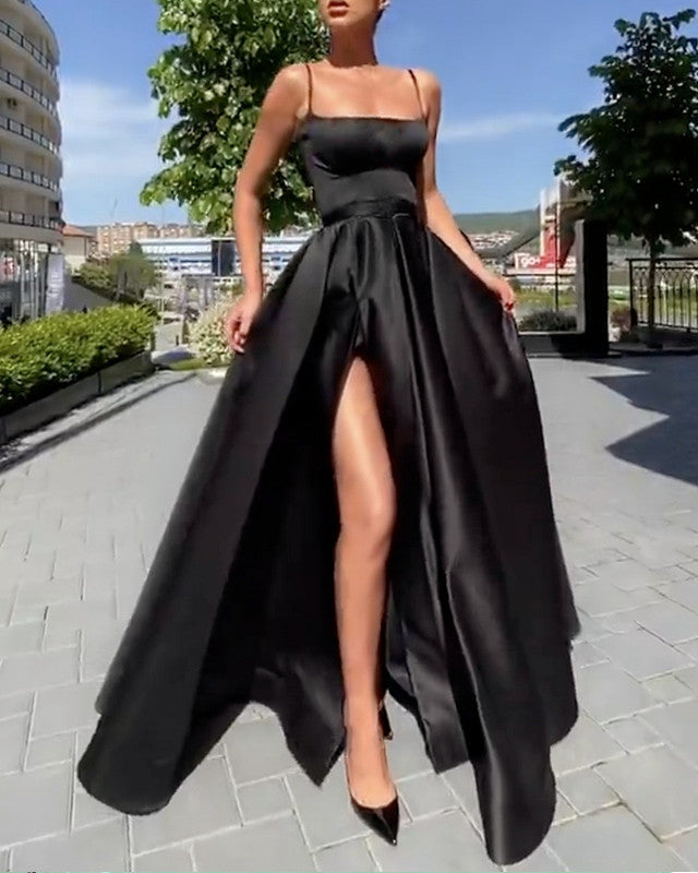 Sexy Long Satin Split Prom Dresses With Pockets