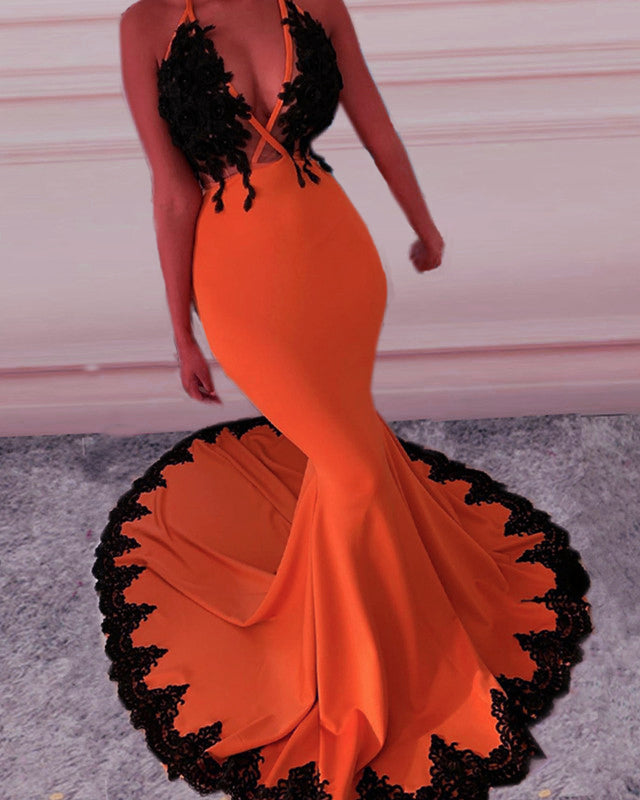 Black Lace Mermaid Prom Dresses Halter Neck