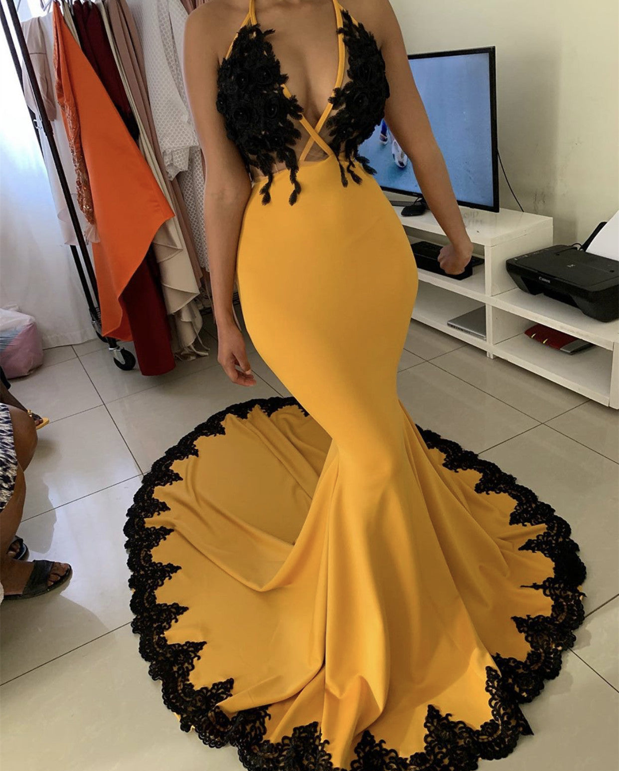Black Lace Mermaid Prom Dresses Halter Neck