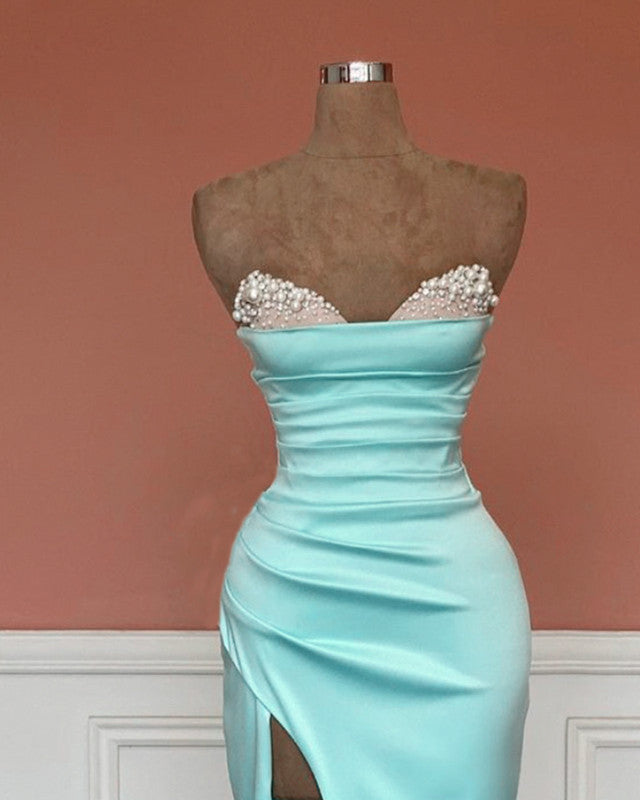 Mermaid Beaded Strapless Blue Satin Split Dress