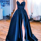 Elegant V Neck Prom Dresses Satin Slit Evening Gown With Straps