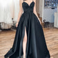 Elegant V Neck Prom Dresses Satin Slit Evening Gown With Straps