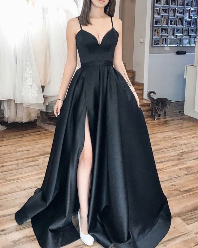 Elegant V Neck Prom Dresses Satin Slit Evening Gown With Straps