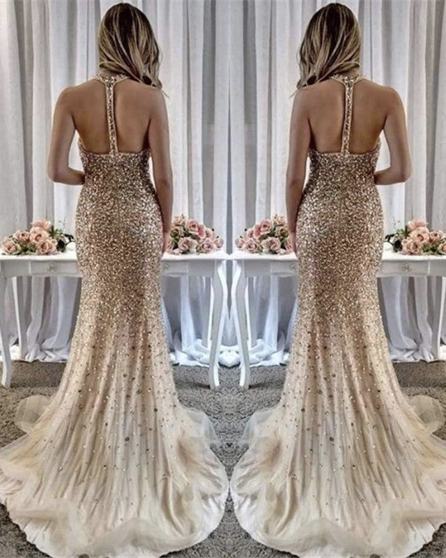 Beaded Mermaid Evening Dress Halter Split Prom Gowns