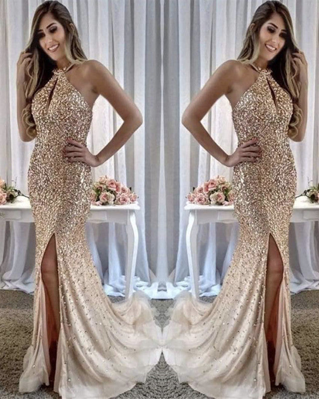Beaded Mermaid Evening Dress Halter Split Prom Gowns