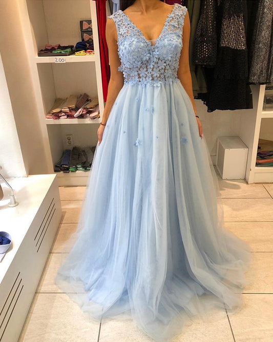 Elegant Flowers V Neck Prom Dresses Tulle