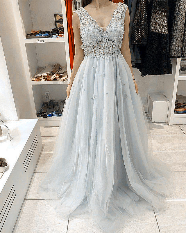 Elegant Flowers V Neck Prom Dresses Tulle