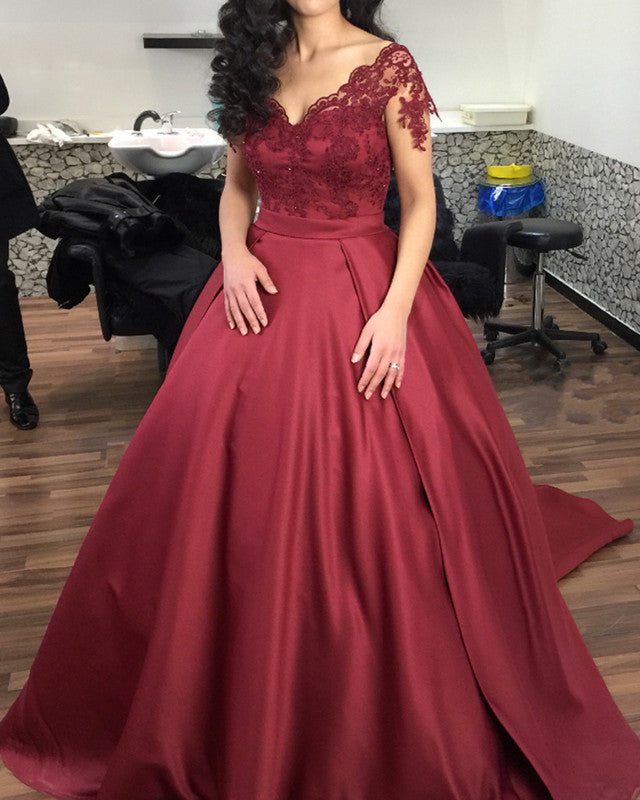 Elegant Prom Ball Gown Dresses Lace V Neck