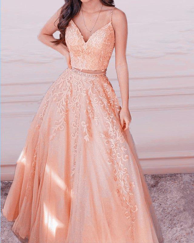 Two Piece Ball Gown Prom Dresses Lace Embroidery