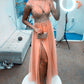 Long Tulle V Neck Prom Split Dresses Sequins Beaded