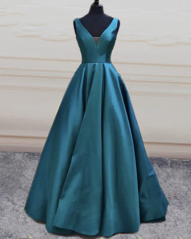 Simple Prom Ball Gown V Neck Dresses Satin