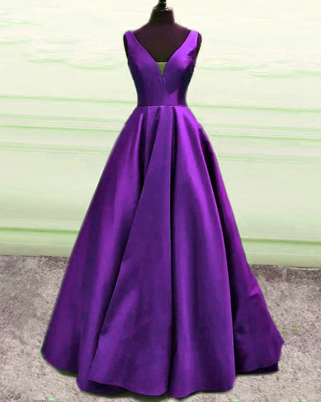 Simple Prom Ball Gown V Neck Dresses Satin