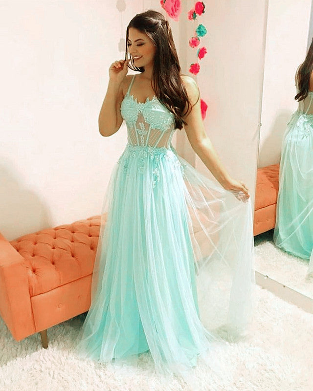 Tulle Sweetheart Corset Prom Dresses Spaghetti Straps Embroidery