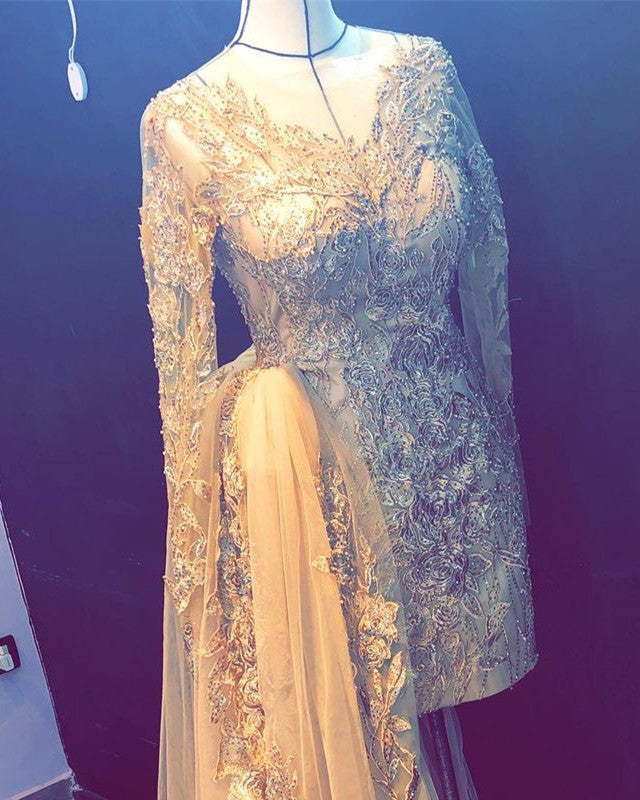 Lace Long Sleeves Prom Dresses Asymmetric Tulle Skirt