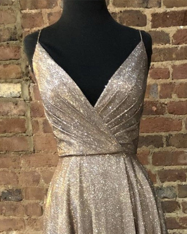 A-line Pleated V Neck Split Prom Dresses Glitter