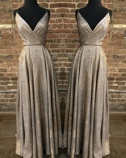 A-line Pleated V Neck Split Prom Dresses Glitter