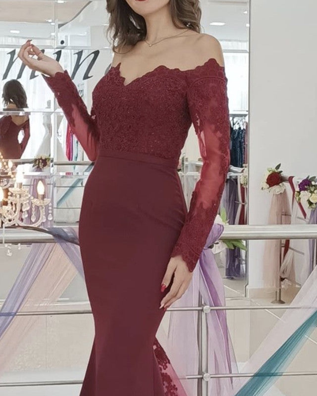 Sheer Neck Lace Long Sleeves Prom Dresses Mermaid