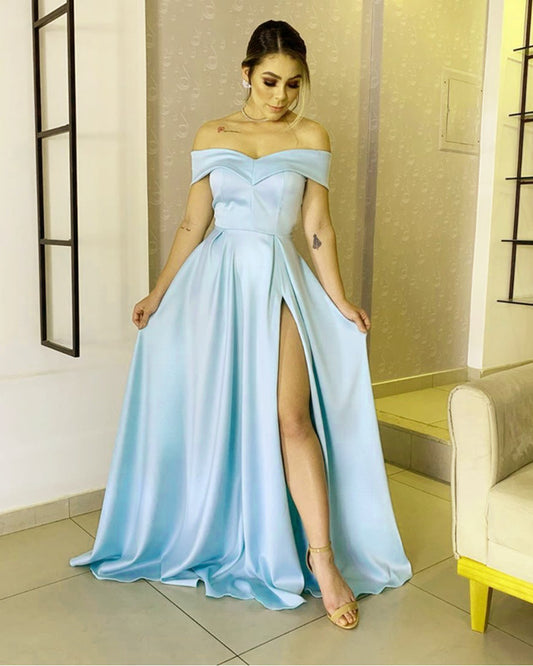 A-line Prom Dresses Long Satin Split Off The Shoulder