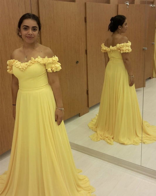 Yellow Flowers Off The Shoulder Chiffon Dress