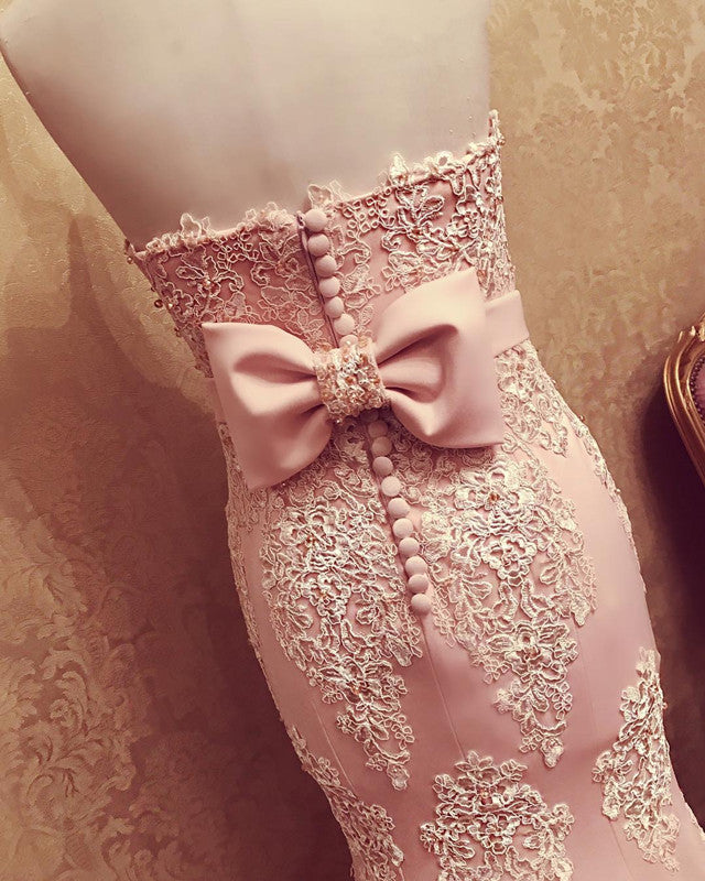 Lace Embroidery Sweetheart Bow Back Prom Dresses Mermaid