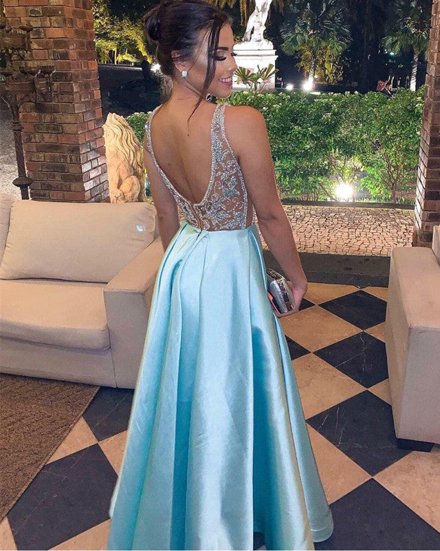 Light Blue Prom Dresses Satin Plunge Neck Lace Embroidery