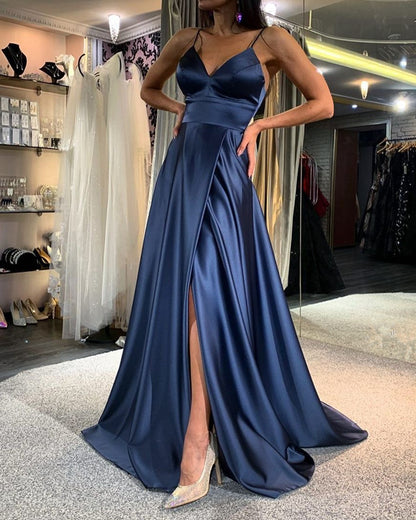 Simple Navy Blue Satin Prom Dresses Split – Lisposa