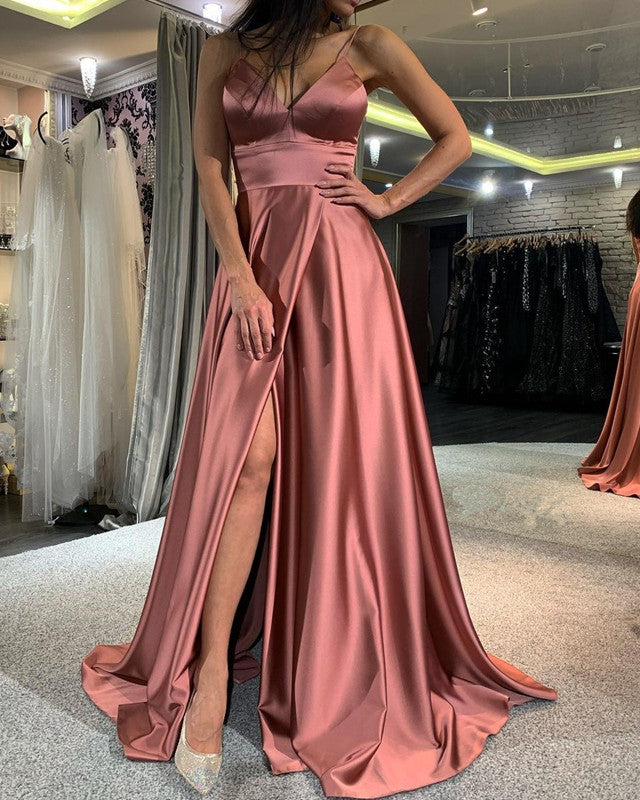 Simple Satin Prom Dresses V Neck High Split