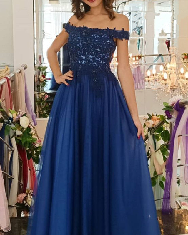 Tulle Prom Dresses Lace Appliques Off The Shoulder Floor Length